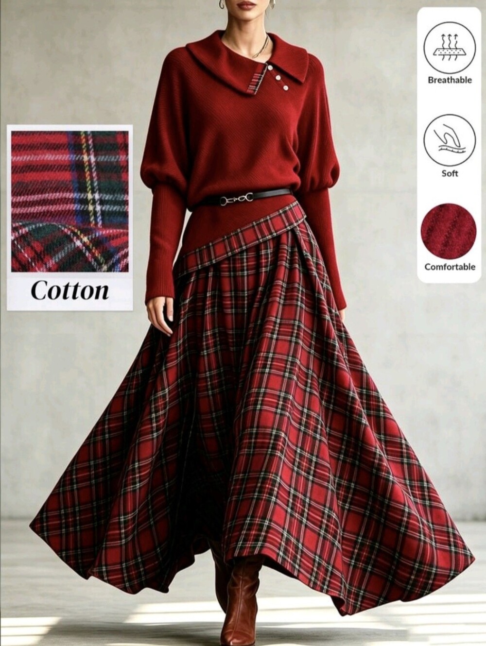 2 Pieces Outfits, Lapel Batwing Sleeve Knit Top & High Waist Irregular Maxi Skir